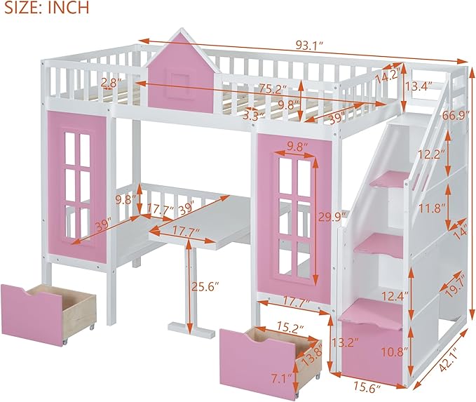 Playhouse Twin Size Loft Bed with Storage Staircase, Solid Wood Bunk Bed Frame with Guardrail for Kids Teens Boys Girls, Down Bed Convertible to Seats and Table Set (Pink-C)