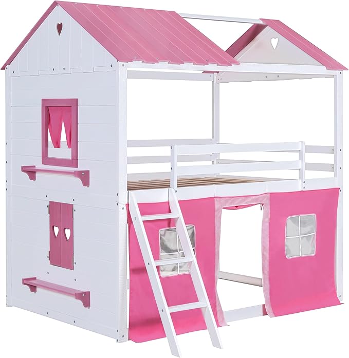 Twin Over Twin Pink Princess Castle Bunk Bed with Tent,Ladders and Guardrail, Solid Wood Playhouse House Floor Bunk Bed with Windows and Roof