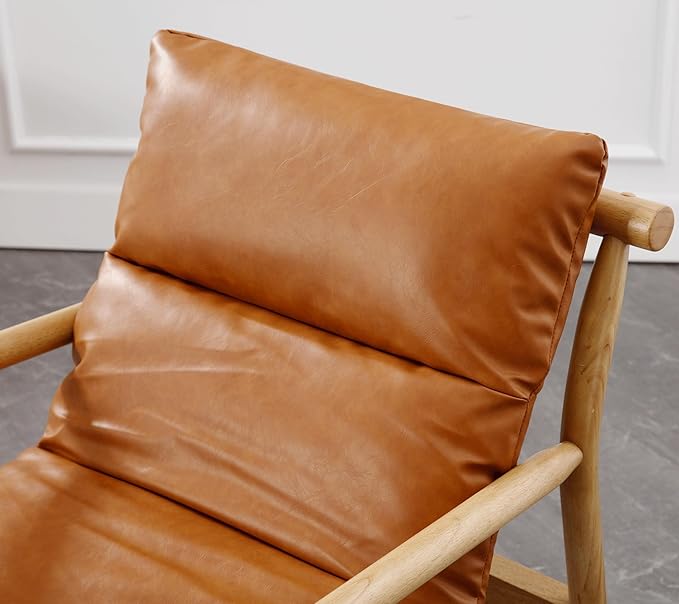 Faux Leather Accent Chair Mid Century Modern Living Room Chairs Comfy Arm Chair with Solid Wood Frame Upholstered Lounge Reading Chair Cozy Recliner for Guest Room/Bedroom, Brown, 7533AC