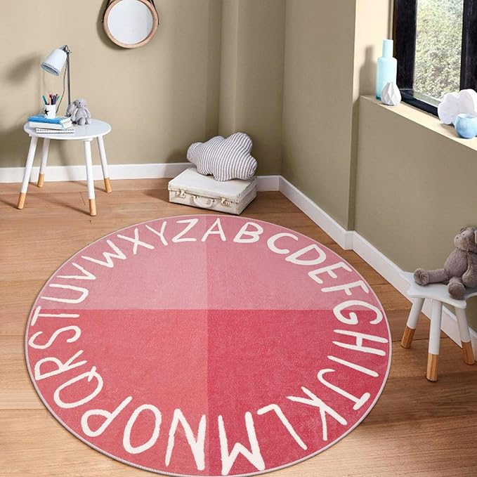 LIVEBOX Large Pink Rugs for Nursery, Washable Kids Rug for Girls Bedroom, Educational Round Rug for Playroom, ABC Circle Carpet Soft Princess Playmat for Living Room Classroom(71",Pink)