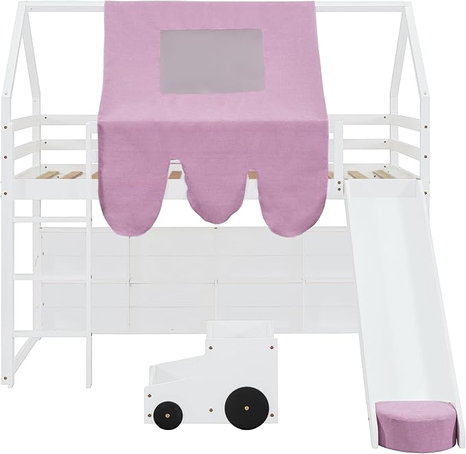Playhouse Design Twin Size Wood Loft Bed with Slide and Tent, Low Loft House Bed Frame with Storage Shelves and Removable Car-Shaped Staircase for Kids Teens Boys Girls Bedroom (White-Pink)