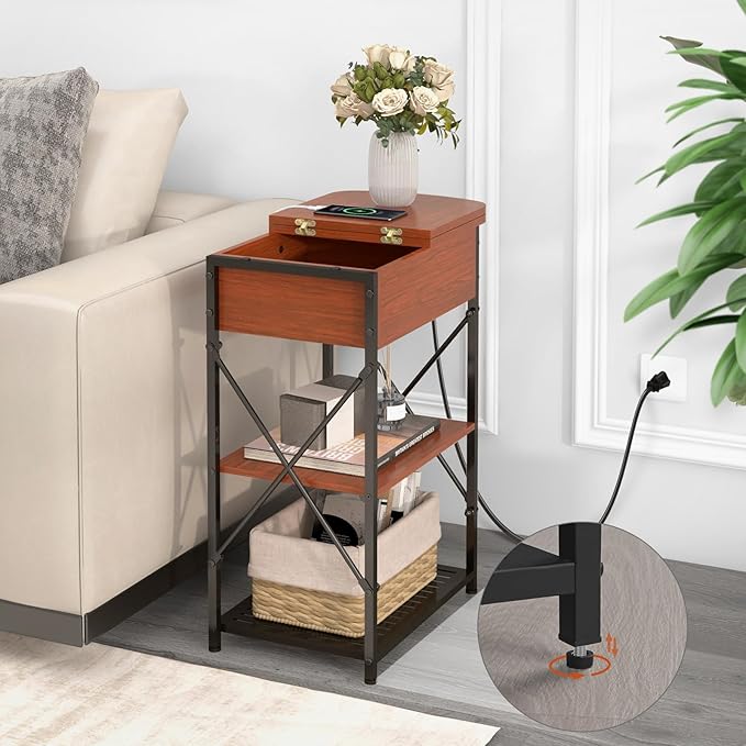 Livofloral Narrow Side Table with Charging Station, End Table with 3 USB Ports and 2 AC Outlets, Flip Top End Table with Storage, End Tables Living Room, Nightstand with Drawer for Bedroom, Cherry
