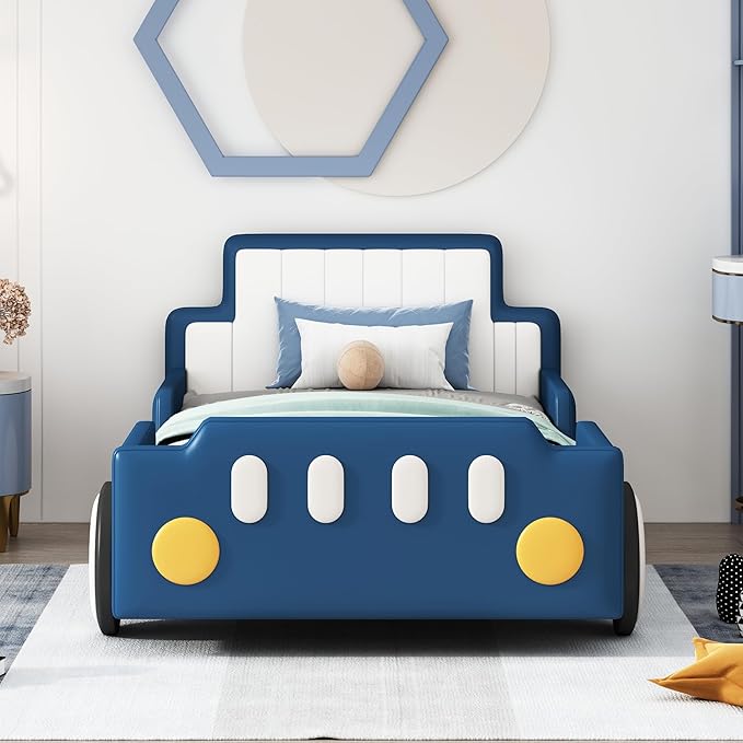 Twin Size Race Car-Shaped Platform Bed with Wheels, Unique Design Floor Bed with PU Leather Headboard and Safety Guardrails, Wood Slat Support for Kids,Boys,Girls (Blue-100A)