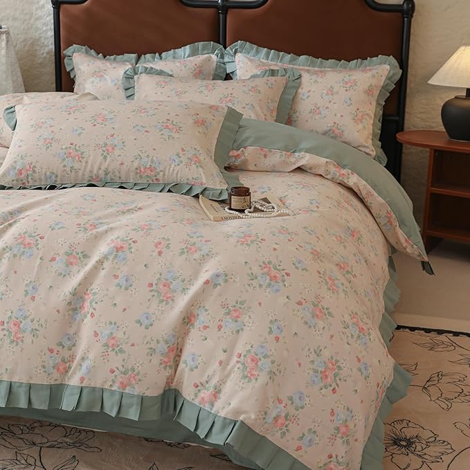 LifeTB Romantic Ruffle Floral Duvet Cover Queen 3 Pieces Flower Duvet Cover Girls Floral Comforter Cover 100% Cotton Princess Lace Bedding Cover Cottagecore Flower Comforter Cover with 2 Pillowcases