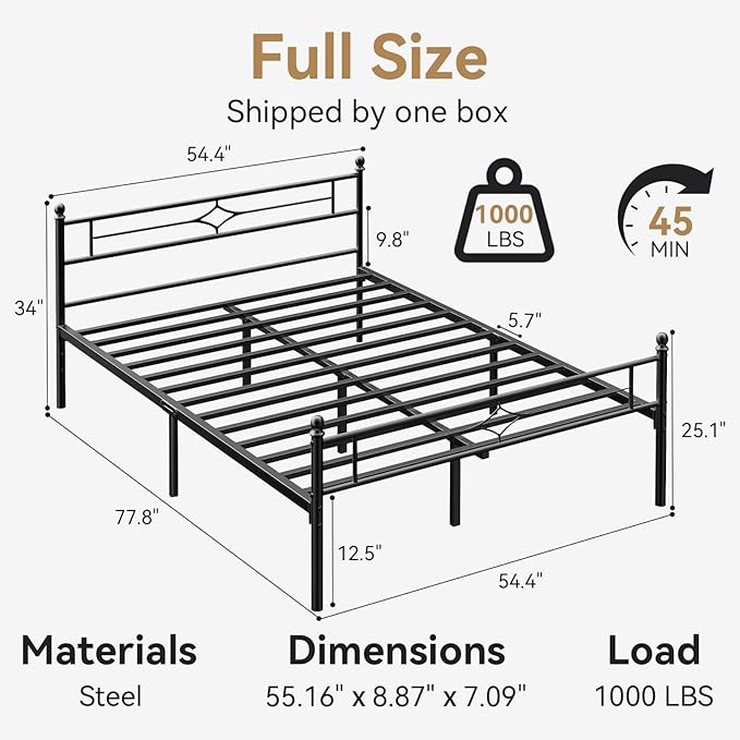 BedsPick Full Size Metal Bed Frame with Headboard and Footboard, Platform Bed Frame with Premium Steel Slats Support/12.5'' Under Bed Storage Space/No Box Spring Needed/Noise Free/Easy Assembly/Black