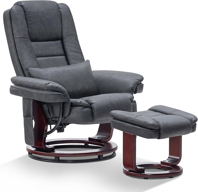 MCombo Swivel Recliner with Ottoman Chair, TV Chair Sets with Vibration Massage, for Small Space Living Room Bedroom 9096 9099 (Faux Leather, Dark Grey)