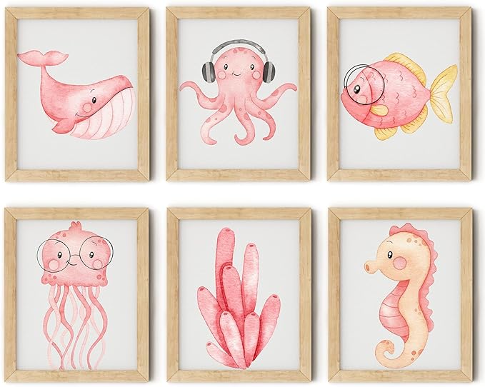 Ocean Nursery Posters Wall Art Pictures Pink Watercolor Nautical Canvas Art Beach Animal Wall Decor Paintings Sea Whale Jellyfish Seahorse Prints for Baby Kids Room 12x16 Inch Set of 6 Unframed