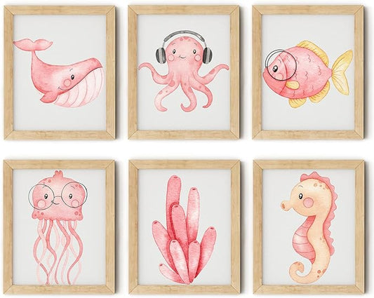 ZZJYYC Ocean Nursery Wall Art Pictures Pink Watercolor Nautical Canvas Art Poster Beach Animal Wall Decor Paintings Sea Whale Jellyfish Seahorse Prints for Baby Kids Room 8x10 Inch Set of 6 Unframed