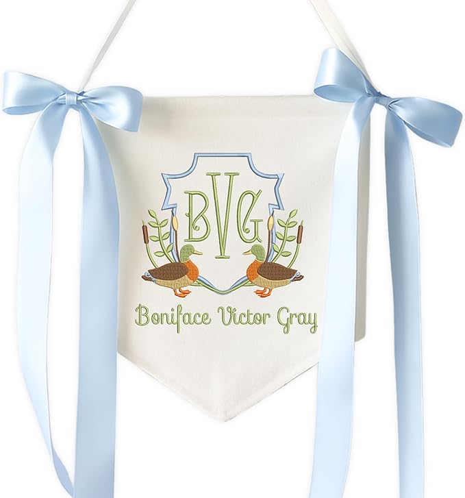 Embroidered Baby Name Sign Personalized Baby Announcement Sign Newborn Baby Banner with Bows Baby Hospital Name Sign Canvas Hanging Pennant Flag Custom Infant Baby Name Baby Shower Banner (08)