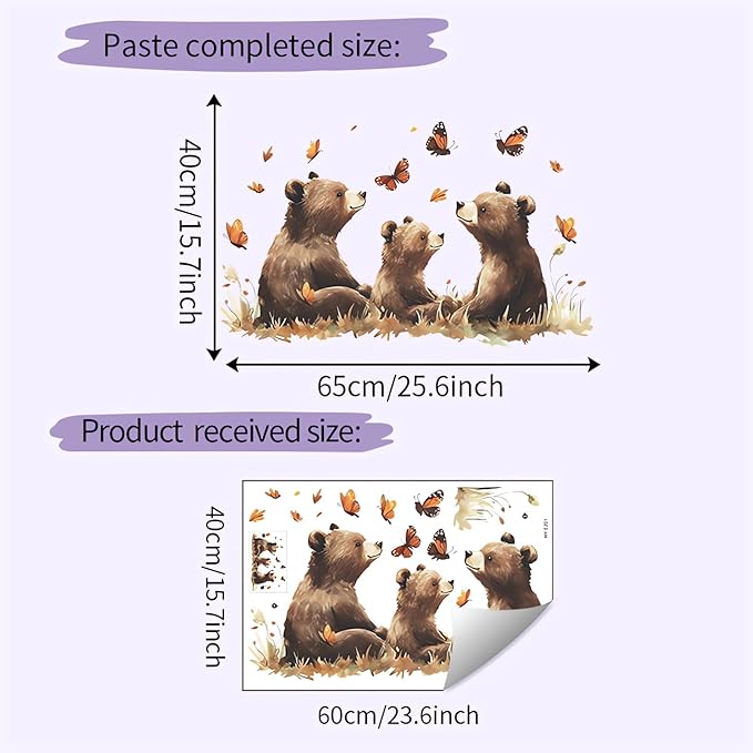 Cozy Brown Bear Family Wall Stickers, Baby Bear Butterfly Wall Decals Removable Vinyl Peel and Stick Boy Girl Nursery Bedroom Playroom Toddler Room Art Home Decorations