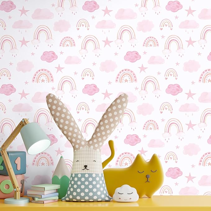 CHIHUT Watercolor Pink Rainbow Peel and Stick Wallpaper Boho Cute Rainbow Contact Paper for Cabinets Walls 17.7”x100” Kids Self Adhesive Removable Wallpaper Mural for Nursery Classroom Playroom