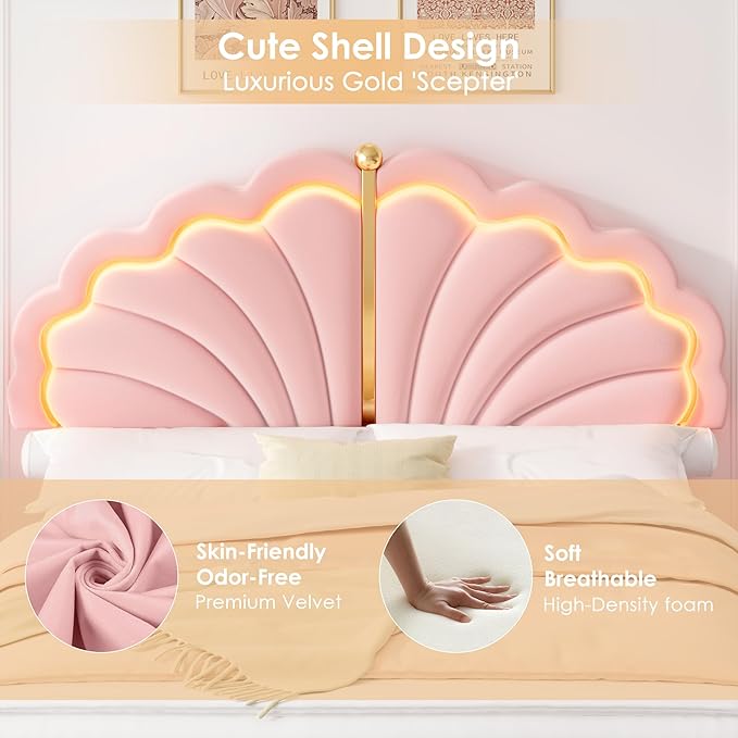 Keyluv Queen Princess Bed Frame with Storage Drawers, Soft Velvet Upholstered LED Platform Bed with Adjustable Modern Shell Headboard, No Box Spring Needed, Noise-Free, Pink