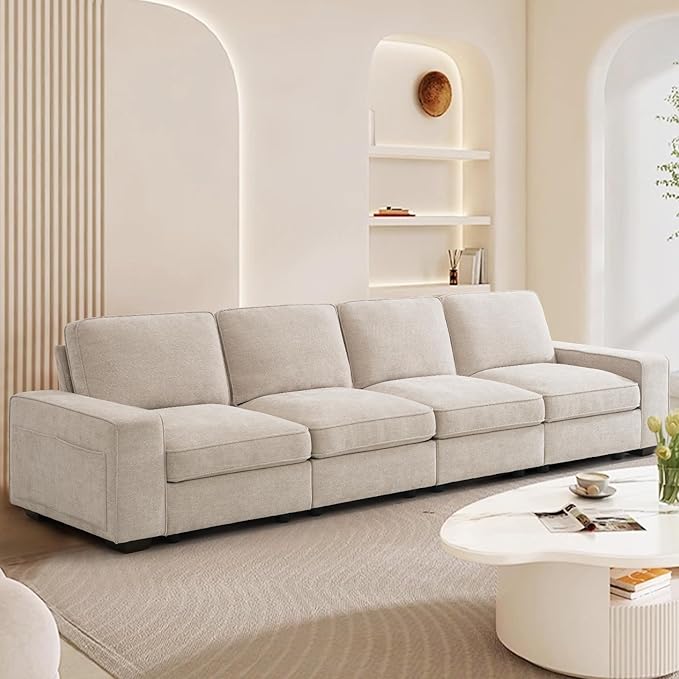 TEKAMON 128" Modular Sofa Couch with Large Seats Storage, Chenille Sofa， Modern Comfy 4-Seater Couch for Living Room, Office, Apart W/Deep Seat, Wide Armrest, Side Pockets, USB Port, Removable Cover