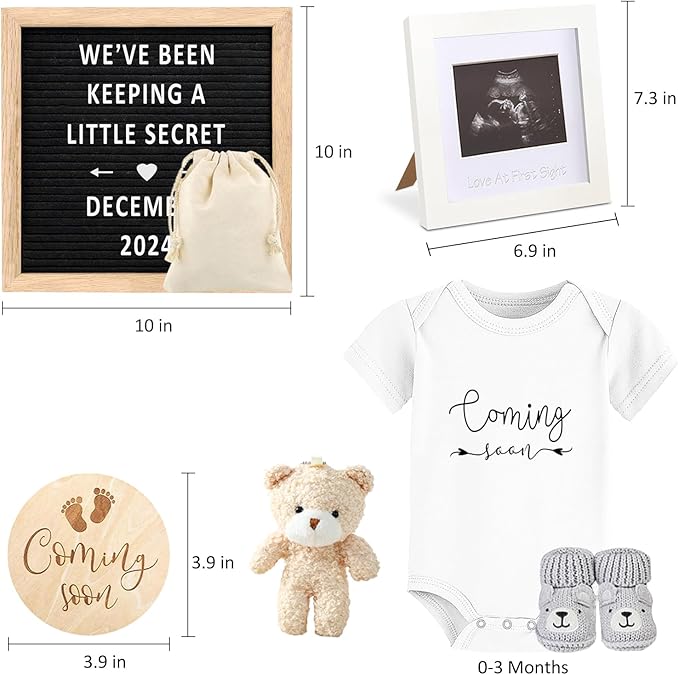 Pregnancy Announcement, Baby Announcement Ideas Set Include Felt Letter Board, Baby Onesie, Booties, Photo Frame, Wooden Sign and Bear Plush, Pregnancy Announcement Photo Props Coming Soon Baby Announcement