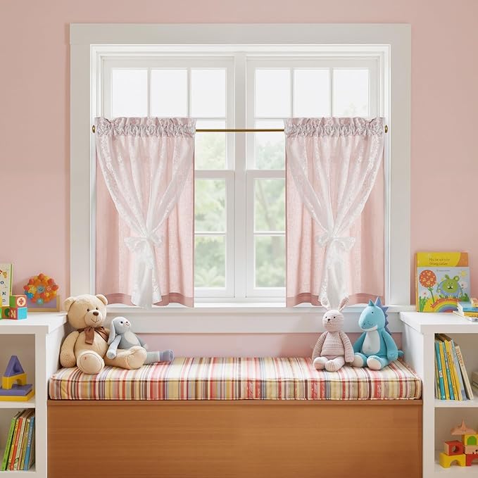 PONY DANCE Linen Pink Short Curtains for Living Room, Farmhouse Thermal Insulated Room Darkening Curtains, Double Layer Curtain for Girls' Bedroom, 29W x 36L, Blush Pink, 2 Panels