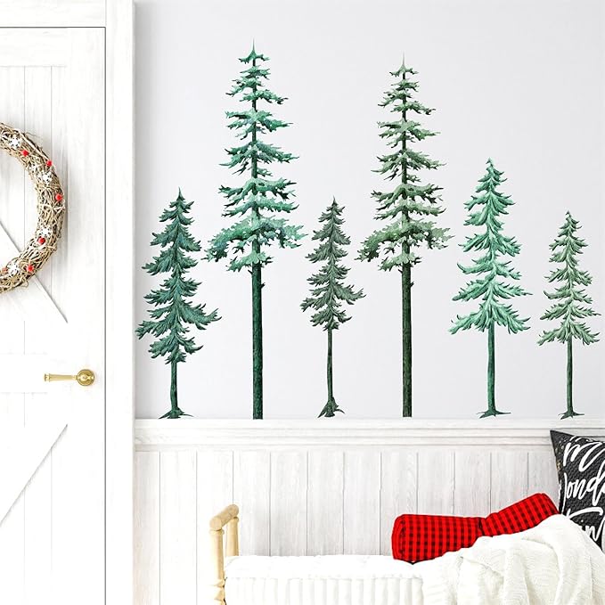 Large Pine Tree Wall Decal Big Pine Trees Wall Stickers Watercolor Green Tree Wall Sticker Winter Forest Plants Wall Decals Xmas Woodland Trees Stickers for Bedroom Nursery Living Room