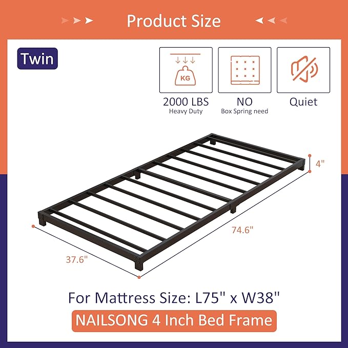 4 Inch Twin Bed Frames Low Profile, Twin Platform Bed Frame No Box Spring Needed, Heavy Duty Metal, Easy Assembly, Black
