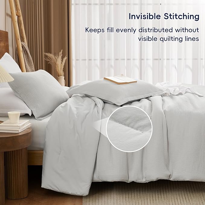 PHF Cotton Muslin Comforter Set King Size, Ultra Soft, Breathable & Lightweight All-Season Bedding, Filling: 100% Polyester, 3 Pieces with 1 Comforter 104"x90" and 2 Pillow Shams 20"x36", Light Grey