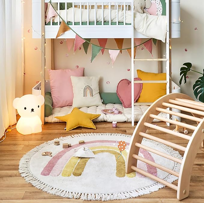 Rainbow Tassels Soft Area Rug for Girls Kids Room Washable Artificial Wool Bedroom Living Room, Kid Round Carpet Rainbow Pattern, Non-Slip Indoor Floor Carpet Home Decor, 4 Feet