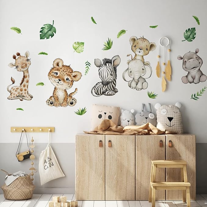 Yovkky Watercolor Baby Safari Animals Wall Decals Stickers, African Jungle Elephant Zebra Giraffe Hippo Lion Leopard Cheetah Kids Room Nursery Decor, Neutral Palm Leaf Crib Decorations Bedroom Art