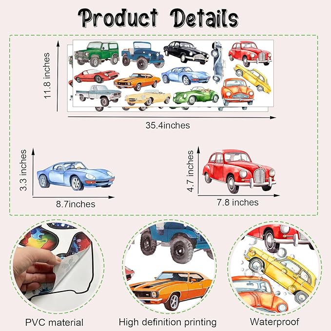 Watercolor Classic Car Wall Stickers, Retro Racecar Off-Road Vehicle Vinyl Wall Decals, Removable Vintage Car Artwork Wall Art for Boys Bedroom Playroom Decor