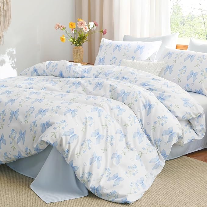 Blue Bow Duvet Cover Full 3Pcs Girls Floral Duvet Cover Set, Cute Romantic Princess Style Bowknot Bedding Set Soft Microfiber Garden Flower Bedding with 2 Pillowcases(No Comforter)