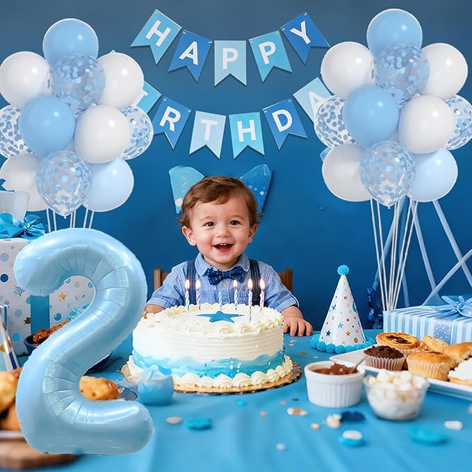 2nd Birthday Decorations For Boy -12 Inch Blue White Balloons, 40 Inch Blue 2 Balloon,, Happy Birthday Banner for Baby Boy 2 Year Old BD Party Decorations