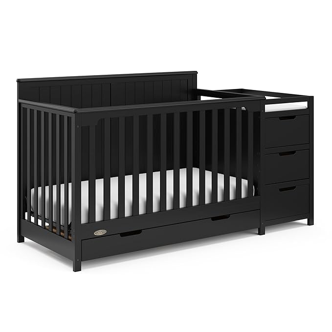 Graco Hadley 5-in-1 Convertible Crib & Changer (Black) – GREENGUARD Gold Certified, Fits Standard Crib Mattress, Converts to Toddler Bed and Full Bed, 4 Adjustable Mattress Heights