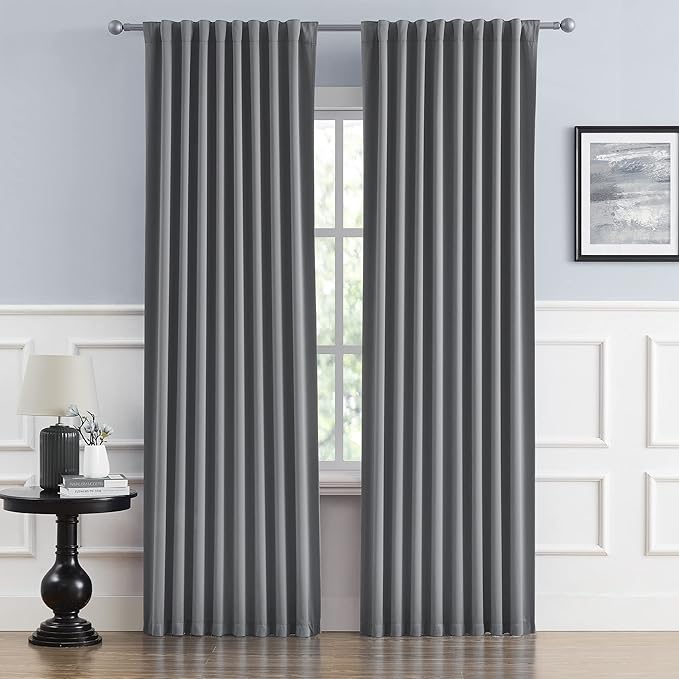 DUALIFE Thermal Insulated Gray Blackout Curtain Panels 96 Inches Long, Back Tab and Rod Pocket Room Darkening Curtains for Bedroom 52W x 96L, Grey, 2 Panels