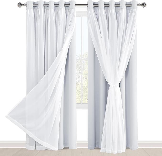 Hiasan Blackout Curtains with Sheer Overlay, Thermal Insulated Privacy Double Layer Mix & Match Grommet Window Curtains for Bedroom, Living Room, 2 Drape Panels with Tiebacks, Greyish White, 60W X 84L