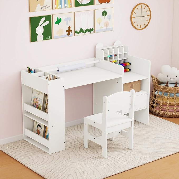 Costzon Kids Desk and Chair Set, Art Activity Desk Set with Detachable Paper Roll Holder, Cubby Cabinet, and Multiple Storage Space, 2-in-1 Toddler Table and Chair for Painting, Studying (White)