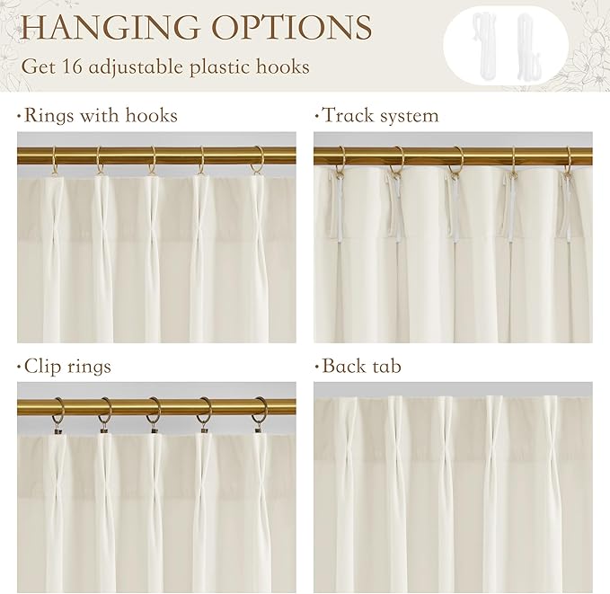 StangH Super Soft Velvet Curtains 108 inches Long, Pinch Pleat Ivory White Drapes with Hooks Vertical Light Filtering Floor to Ceiling Panels for Living Dining Room, W40 x L108, 2 Panels