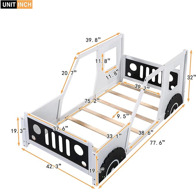 Bellemave Twin Size Toddler Bed, Classic Car-Shaped Platform Bed with Wheels, Wood Twin Montessori Floor Bed for Kids Boy Girls (White+Black)