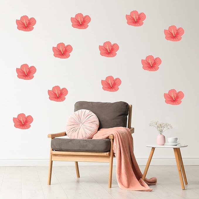 Decalcomania Hibiscus Flower Wall Decals - Set of 12 Pink Tropical Wall Stickers for Nursery Bedroom Bathroom Living Room Decor Removable Peel and Stick Indoor Wall Decor