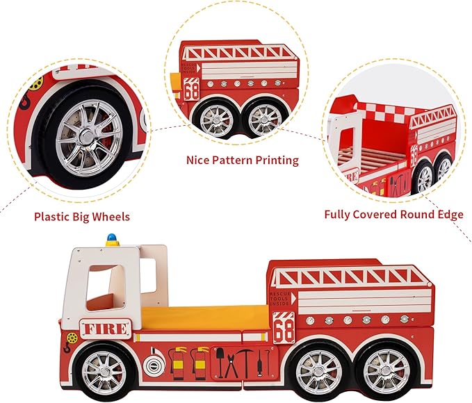 HMFULE Twin Bed Frames for Kids, Wood Fire Truck-Shaped Bed Frame Platform with Wheels LED Lights & Slat Support for Toddler, Teens, Boys or Girls, No Box Spring Needed (Red)