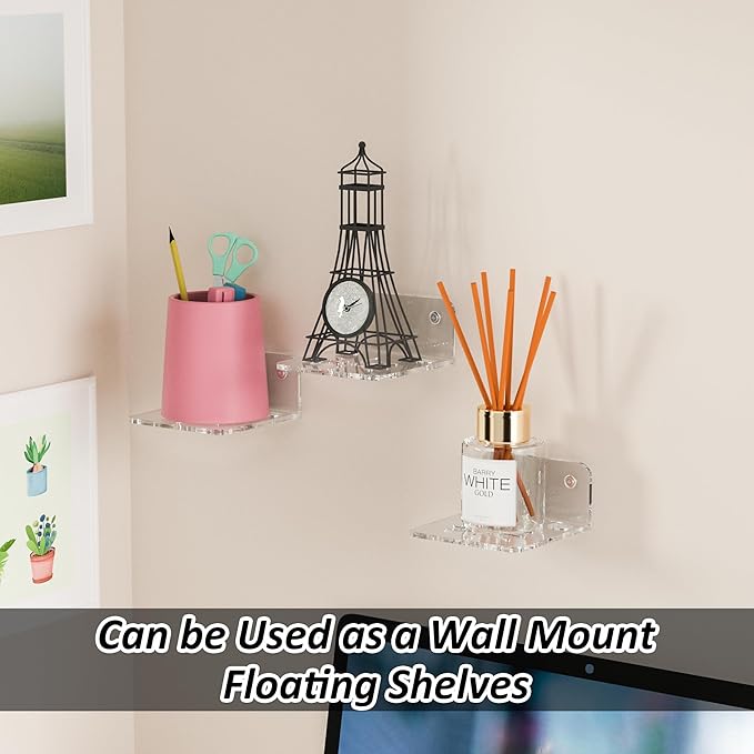 Clear Acrylic Wall Shelf 3 Pack for Smart Security Cameras, Baby & Pet Monitors, Small Floating Shelf for Plants, Speaker, Dog Camera, with Cable Clips