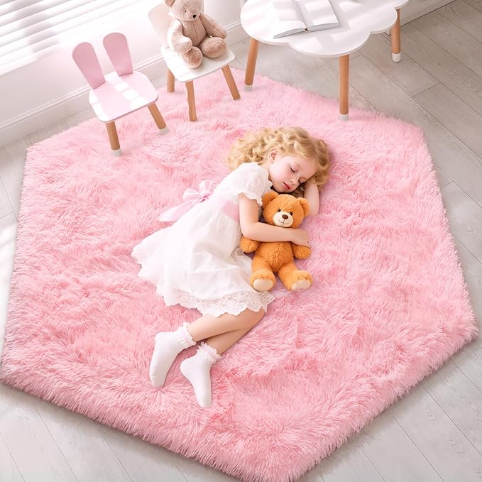 EVOIONOS Pink Hexagon Rug for Princess Tent, Fluffy Area Rug for Kids Room, 4x4.6 Feet for Girls Tent, Furry Soft Nursery Rug, Fuzzy Plush Carpet for Teen Girls Bedroom