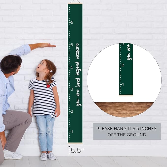 Morxy Canvas Growth Chart for Kids - Unisex Kids Room Wall Decor - Measuring Height Chart- Wall Tape with Height Chart for Kids (Loved Beyond Measure Dark Green)