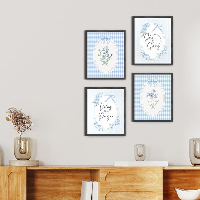 JINYO Rustic Blue Wildflower Bow Christian Wall Art Prints Set of 4, Preppy Room Decor, Proverbs 31:25 Living on A Prayer Bible Verses Posters Pictures Wall Decor for Girls Bedroom Home, 8x10 Unframed
