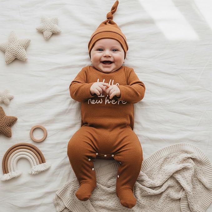 Hello I'm New Here Newborn Outfit Boy Letter Embroidery Waffle Knit Long Sleeve Footed Jumpsuit Coming Home Outfit Hat