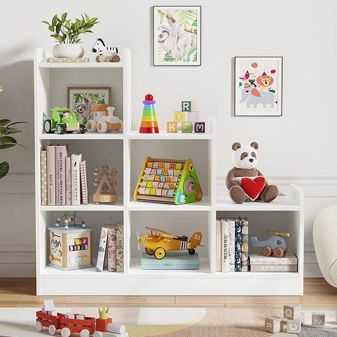 Montessori Shelf 6-Section Wooden Storage Cabinet, Kids Toy Storage Organizer Book Shelf for Kids Rooms, Classroom, Playroom, Nursery, Preschool Book Shelves