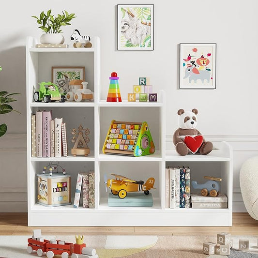 Montessori Shelf 6-Section Wooden Storage Cabinet, Kids Toy Storage Organizer Book Shelf for Kids Rooms, Classroom, Playroom, Nursery, Preschool Book Shelves