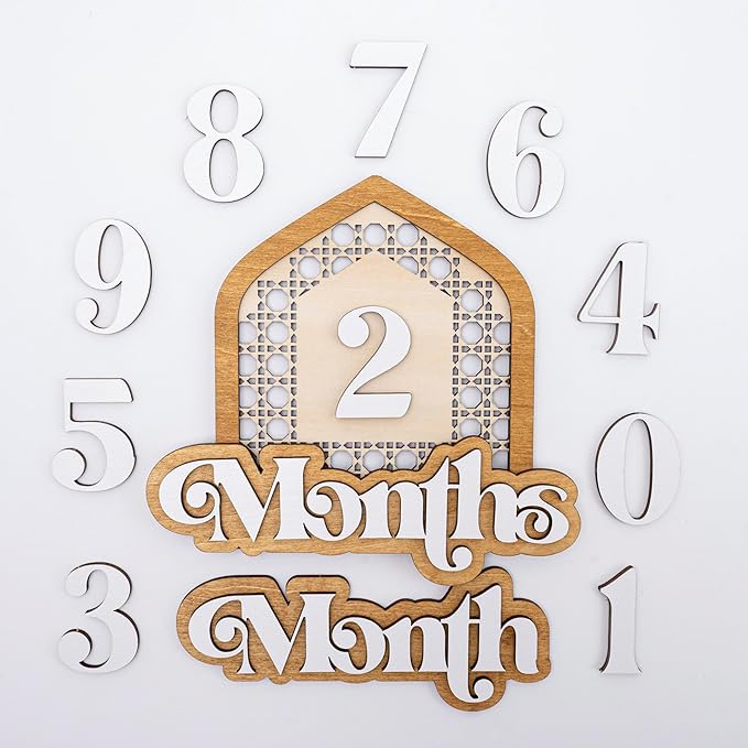 Wooden Baby Monthly Milestone Set with Patterned House Frame, 3D Layered Numbers and Months Sign, Natural Wood Newborn Photo Prop for Baby Monthly Pictures