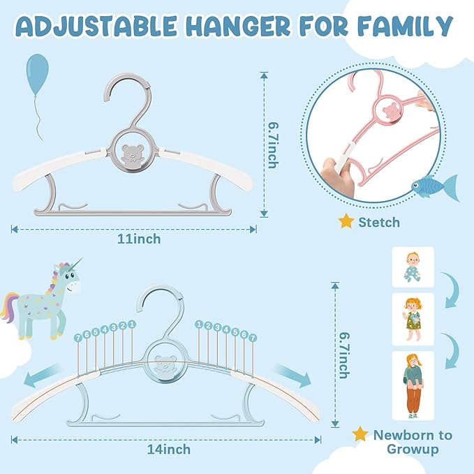 50 Pack Kids Hangers for Nursery Closet, Adjustable Non-Slip Toddler Baby Hangers with Windproof Buckle, 11-14" Infant Child Plastic Clothes Pant Hanger for Boys Girls Newborn Adult, Multi