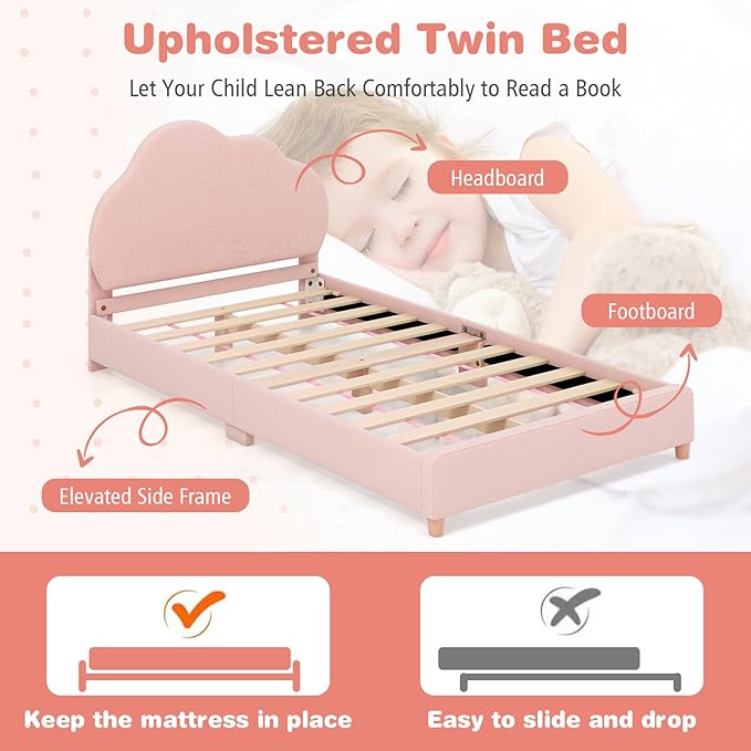 Costzon Twin Bed Frames for Kids, Upholstered Wooden Kids Bed w/Adjustable Headboard, Slats Support, 660 LBS Weight Cap, No Box Spring Needed, Easy Assembly, Twin Platform Bed Frame (Pink Cloud)
