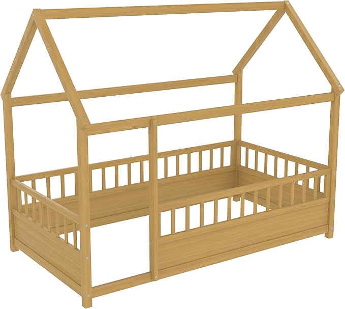 Ball & Cast Twin Size House Bed Frame,Montessori Floor Bed with Safety Fence and Roof for Kids,Wood Platform Bedframe W/Open Door for Girls Boys,Bedroom,Playroom,Easy Assembly,Natural