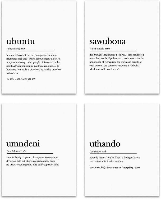 OFJE South African Inspirational Ubuntu Wall Art Decor Prints Set of 4, Zulu Ubuntu Definition Positive Quote Wall Art Posters Decor for Home Living Room Office, 8x10 Unframed