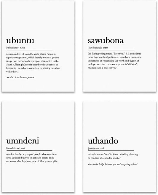 OFJE South African Inspirational Ubuntu Wall Art Decor Prints Set of 4, Zulu Ubuntu Definition Positive Quote Wall Art Posters Decor for Home Living Room Office, 8x10 Unframed