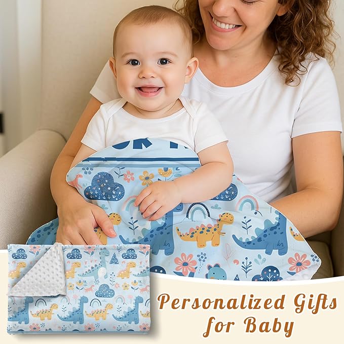 Personalized Baby Blankets for Boys Girls, Custom Baby Blanket with Name, Receiving Swaddle Blanket Suitable for Infants & Toddler, Nursery Newborn Baby Crib, Dino(30”x40)
