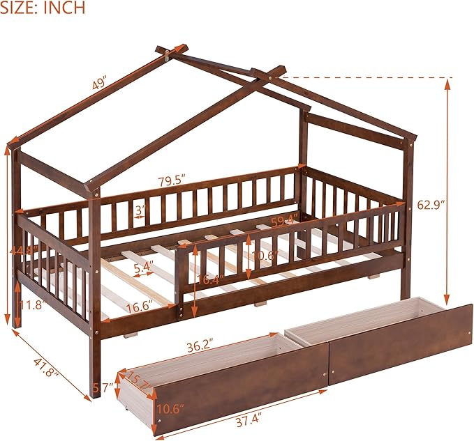 Merax Twin Size Wooden House Bed with Two Drawers, Wood Bed Frame with Roof and Safety Guardrail for Kids, Teens, Boys or Girls, Walnut
